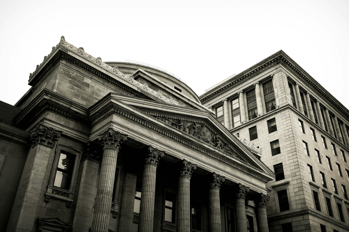 The columned facade of a bank building