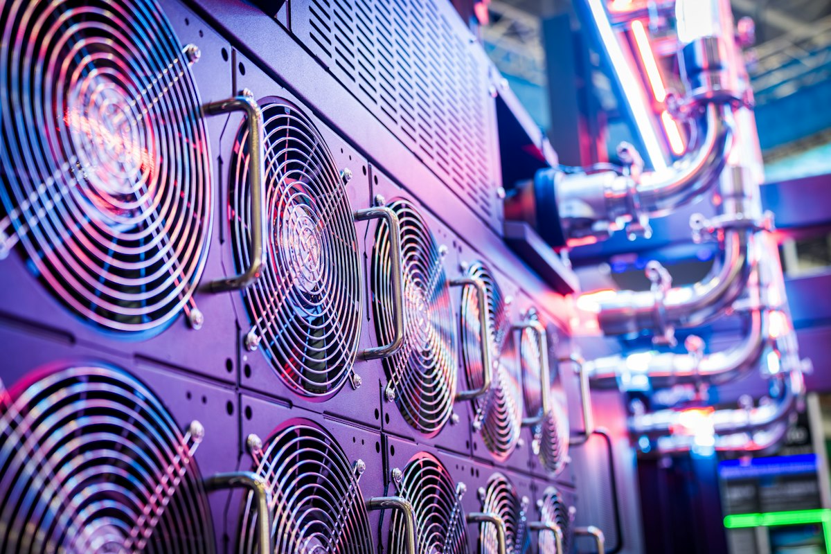 Server cooling fans lit in a data centre